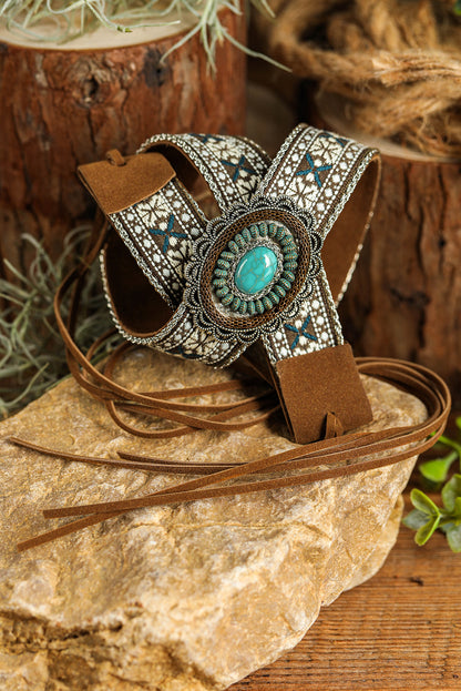 Western Pattern Turquoise Decor Lace-Up Pu Leather Hat Band | Light Blue