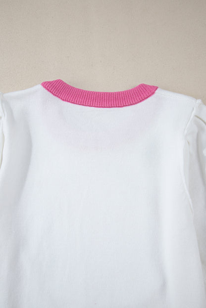 Sequin Rugby Colour Block Puff Short Sleeve Sweater | Pink