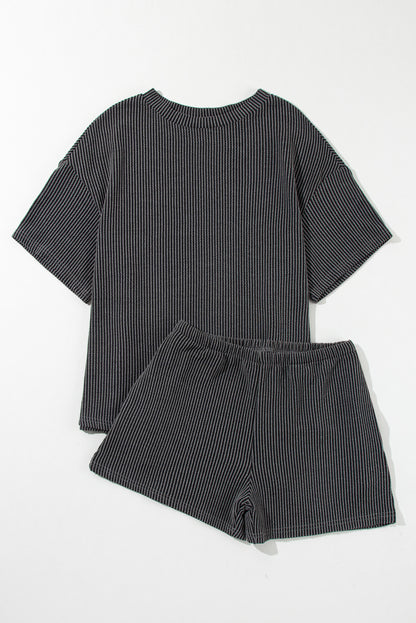 Ribbed Textured Knit Loose Fit Tee And Shorts Set | Carbon Grey