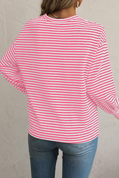 Round Neck Drop Shoulder Long Sleeve Top | Rose Stripe