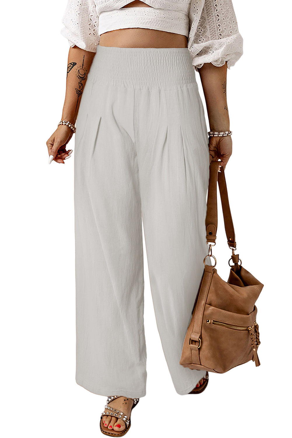 Smocked Wide Waistband High Waist Wide Leg Pants | White