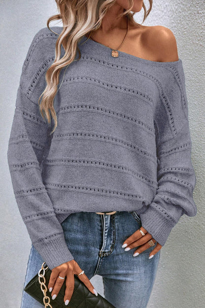 Boat Neck Drop Shoulder Pointelle Knit Sweater | Light Grey