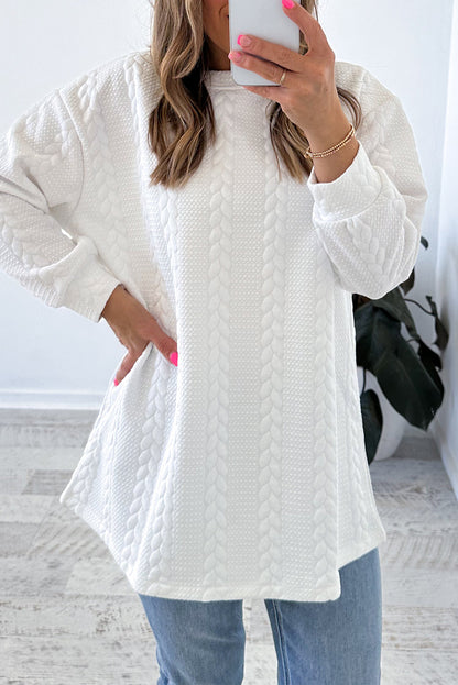 Cable Textured Long Sleeve Round Neck Top | White