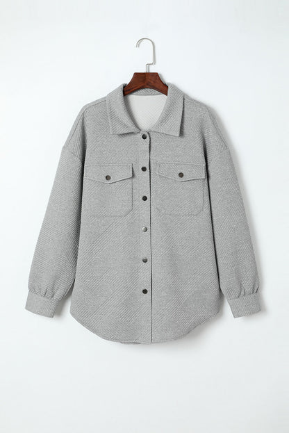 Solid Textured Flap Pocket Buttoned Shacket | Gray