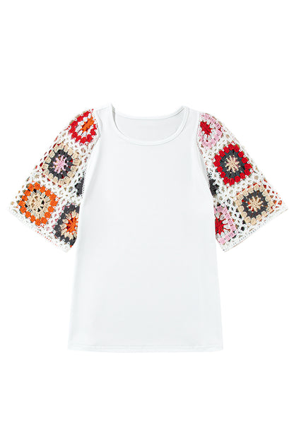 Floral Crochet Short Sleeve Top | White