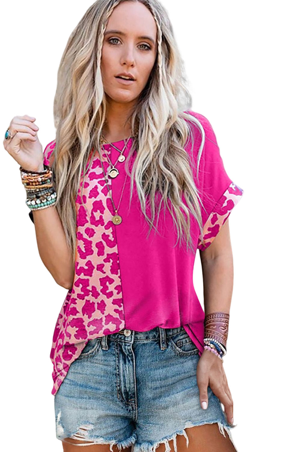 Half Leopard Patchwork Short Sleeves Top | Rose