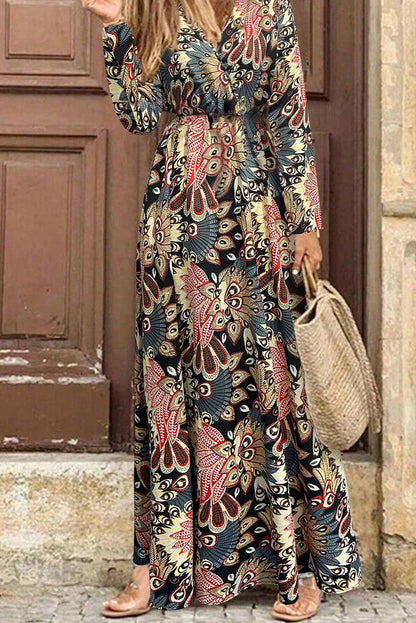 Floral Print V Neck Wrap High Waist Maxi Dress | Black