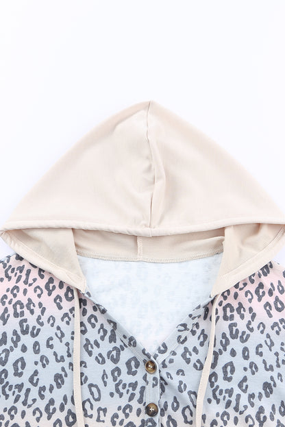 Leopard Patchwork Buttons Hooded Sweatshirt With Pocket | Apricot