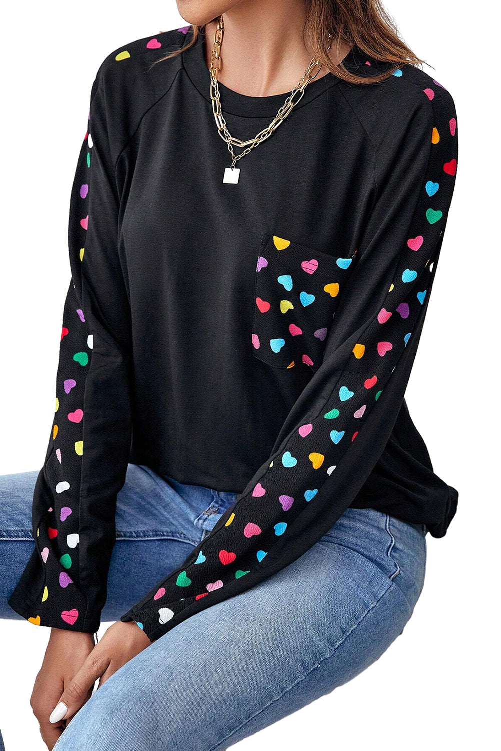 Valentine'S Day Love Hearts Raglan Sleeve Top | Black