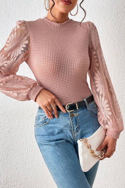 Sunflower Mesh Bubble Sleeve Waffle Knit Top | Peach Blossom