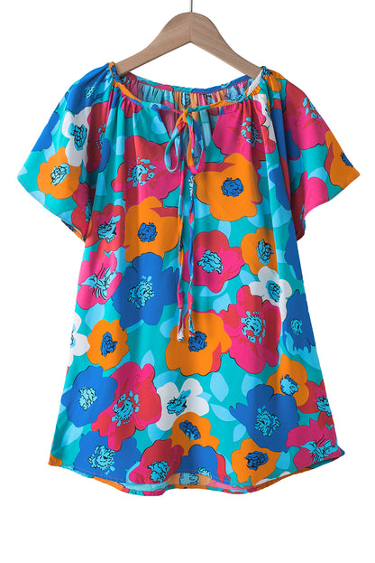 Floral Print Drawstring V Neck Short Sleeve Blouse | Multicolour