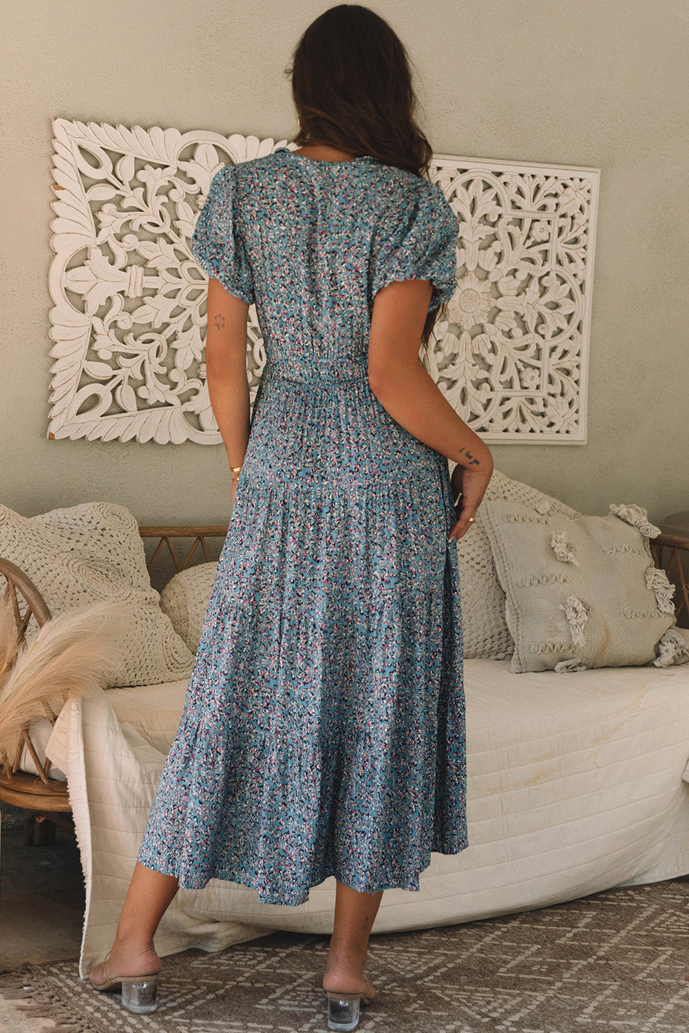 Printed V Neck Shirred Short Puff Sleeve Maxi Dress | Blue