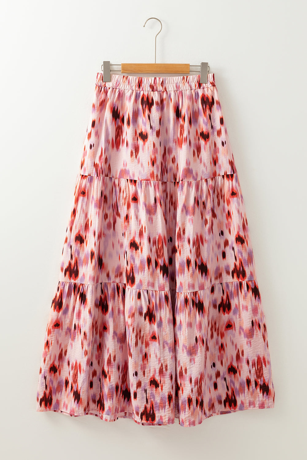 Abstract Watercolour Tie Dye Tiered Maxi Skirt | Pink