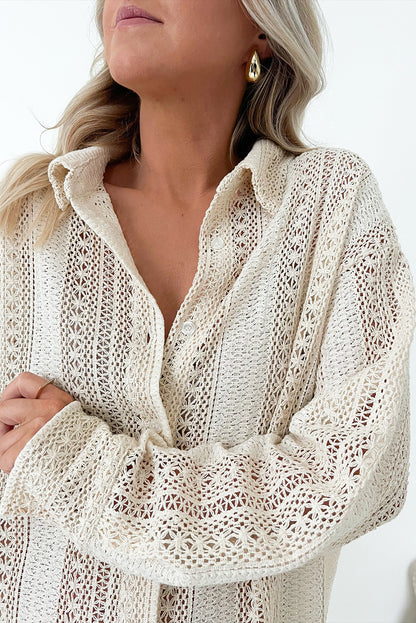 Lace Crochet Collared Tunic Oversized Shirt | Beige