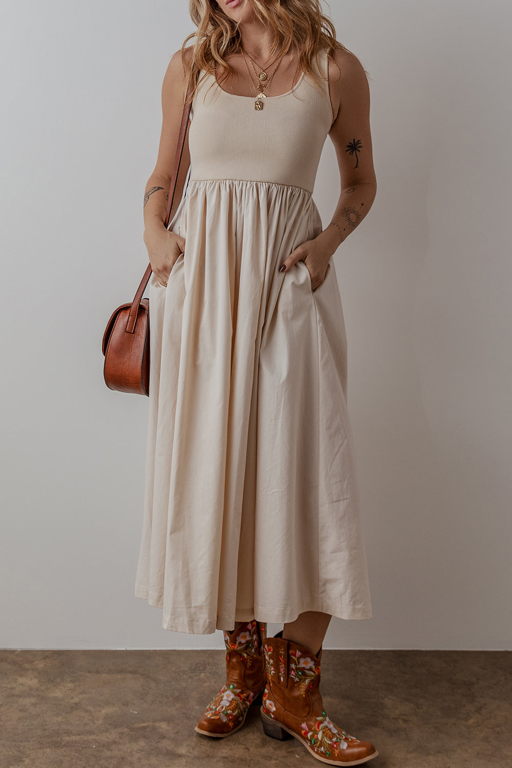 Scoop Neck Ribbed Bodice Pleated Sleeveless Long Dress | Beige