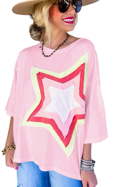 Colourblock Star Patched Half Sleeve Oversized Tee | Light Pink