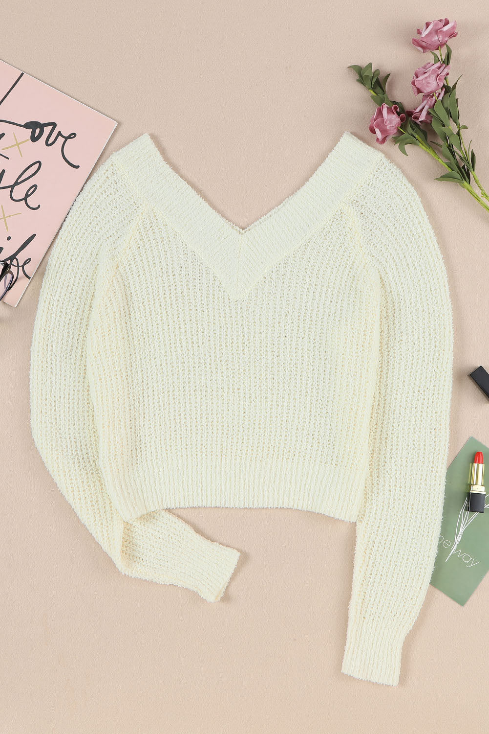 Cropped V Neck Fuzzy Sweater | White