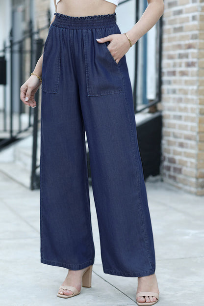 Side Pockets Frilled Smocked High Waist Wide Leg Jeans | Sail Blue