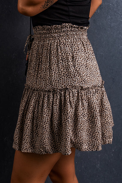 Leopard Drawstring Frilly Short Skirt | Beige