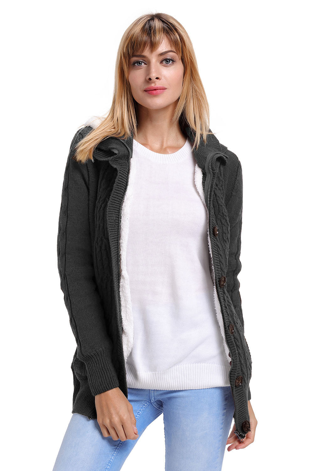 Charcoal Long Sleeve Button-Up Hooded Cardigans | as shown