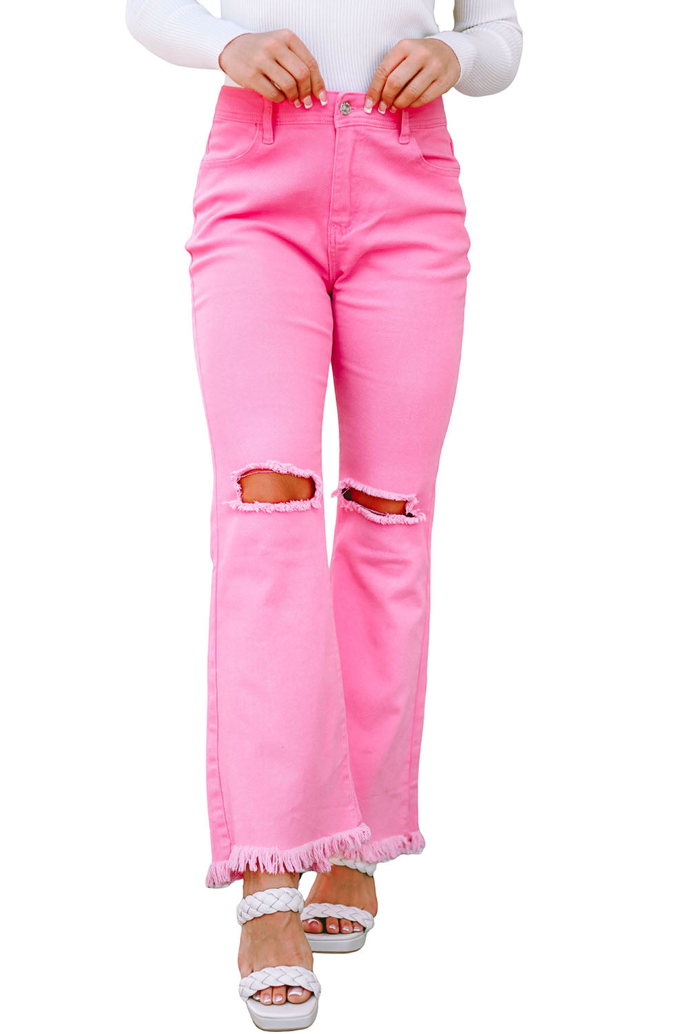 Vintage High Waist Flare Leg Ripped Raw Hem Jeans | Pink