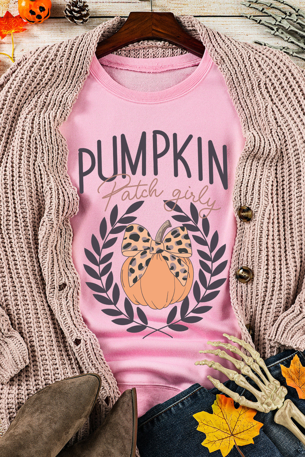 Leopard Bowknot Pumpkin Graphic Halloween Sweatshirt | Pink