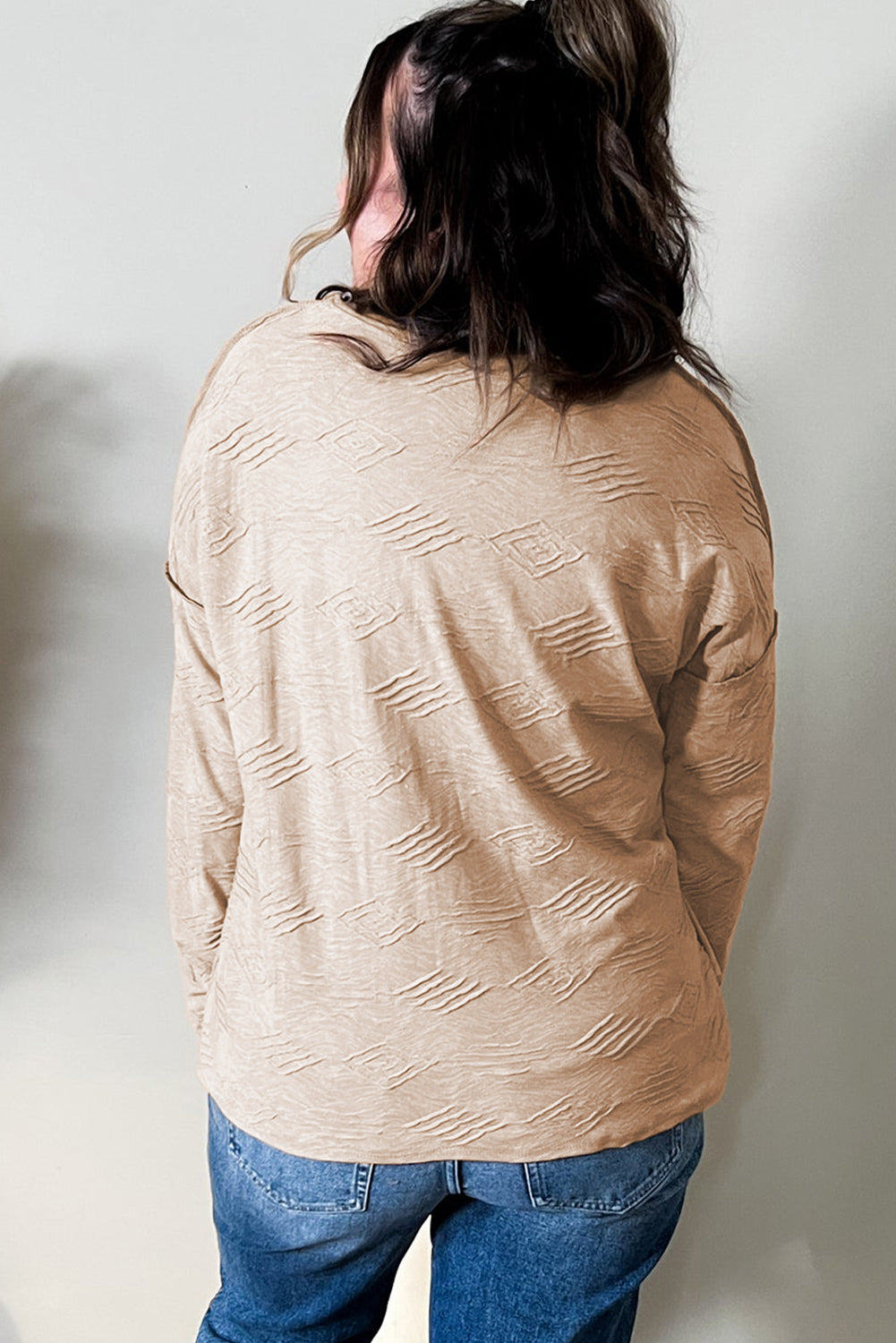 Plus Size Textured Drop Shoulder Exposed Seam Top | Khaki