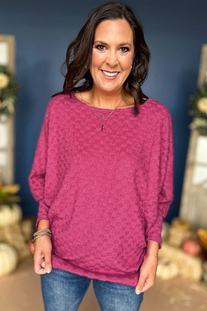 Checker Textured Dolman Sleeve Top | Bright Pink