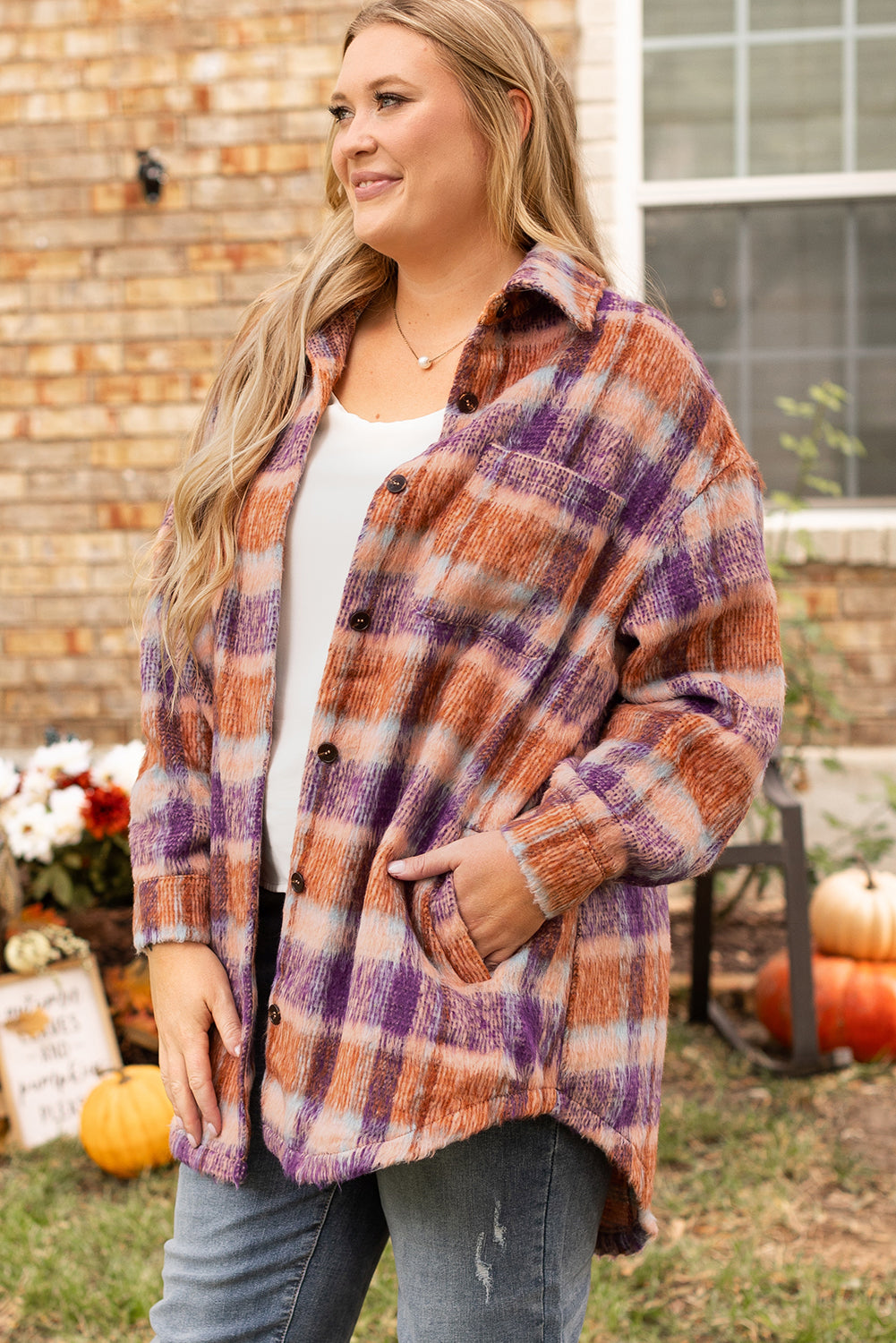 Plus Size Plaid Print Collared Button Up Jacket | Multicolour