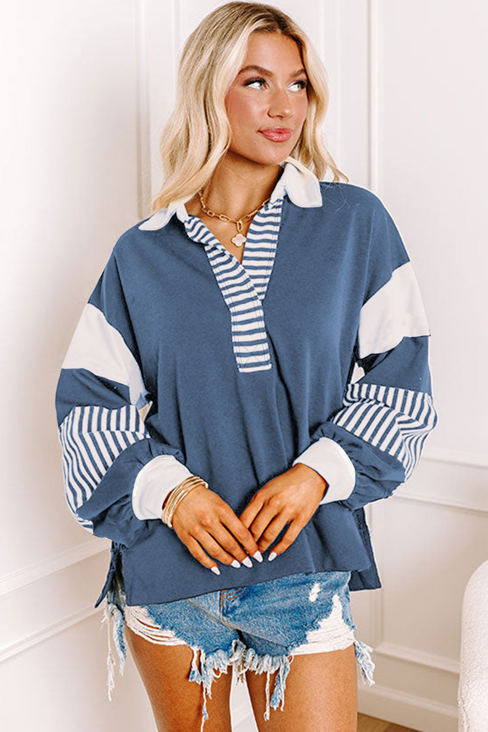 Striped Colourblock Patchwork Collar Sweatshirt | Sail Blue