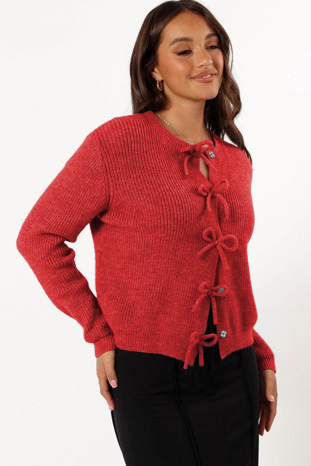 Ribbed Knit Bow Front Buttoned Cardigan | Fiery Red