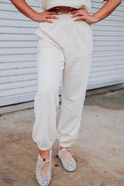 Lattice Textured Cropped Tee And Jogger Pants Set | White