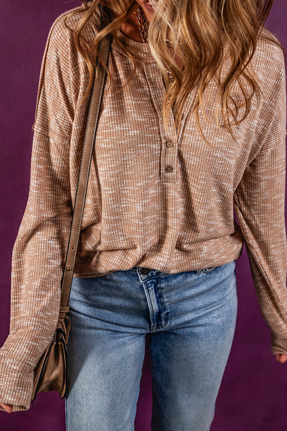 Rib Knit Drop Shoulder Long Sleeve Henley Top | Chestnut