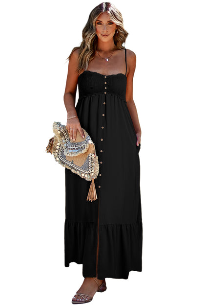 Spaghetti Straps Smocked Front Slit Buttoned Dress | Black