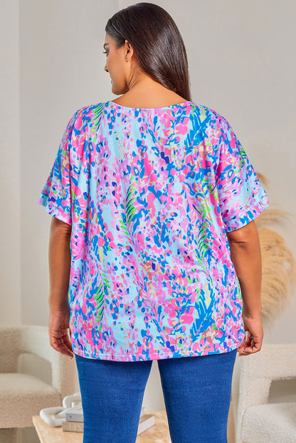 Plus Size Plant Print V Neck T-Shirt | Sky Blue