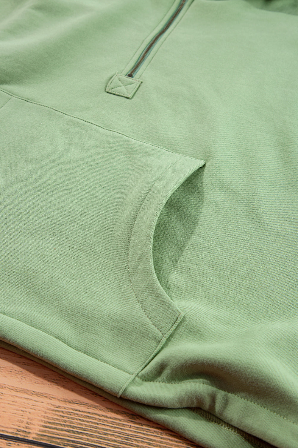 Fleece Lined Half Zipper Kangaroo Pockets Loose Hoodie | Smoke Green