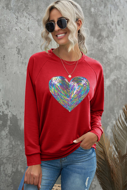 Bold Sequin Heart Crewneck Valentines Pullover Sweatshirt | Red