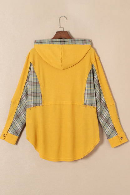 Waffle Knit Plaid Patchwork Pocketed Henley Hoodie | Yellow