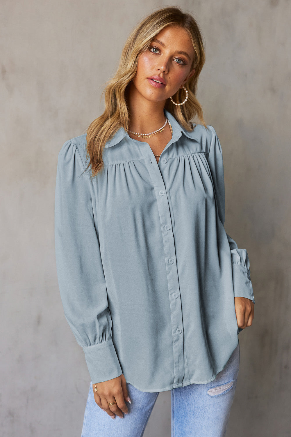 Solid Colour Button Up Puff Sleeve Blouse | Sky Blue