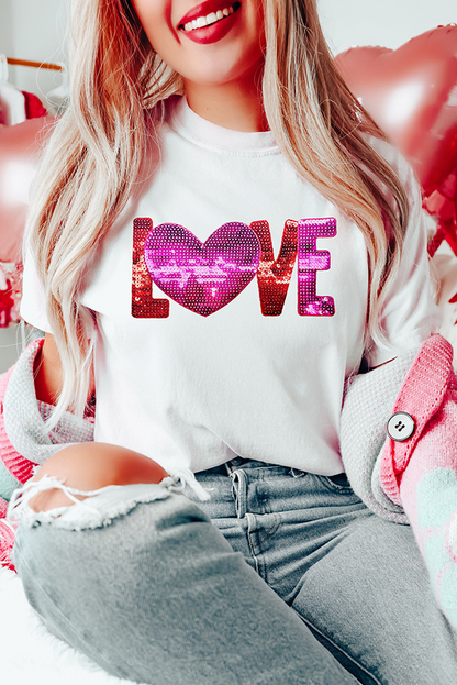 Heart Love Patched Pattern Crewneck Valentines T Shirt | White