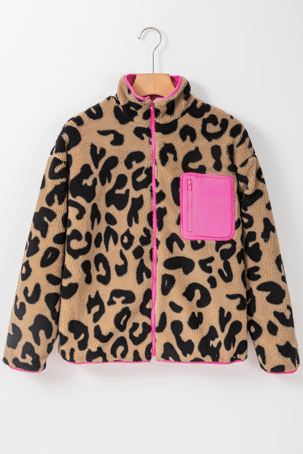 Colourblock Pocket Zipper Fuzzy Fleece Jacket | Leopard