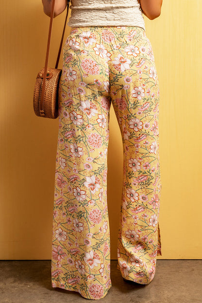 Floral Print High Slit Wide Leg Pants | Yellow