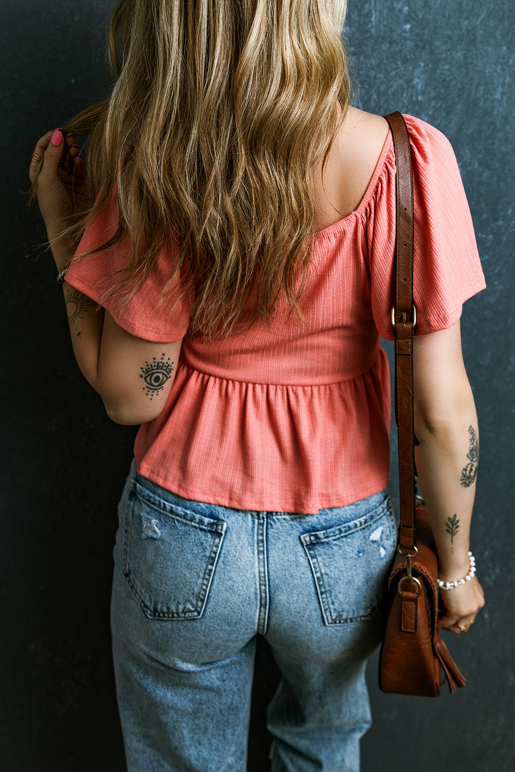 Shirred V Neck Short Flutter Sleeve Textured Blouse | Tomato Red