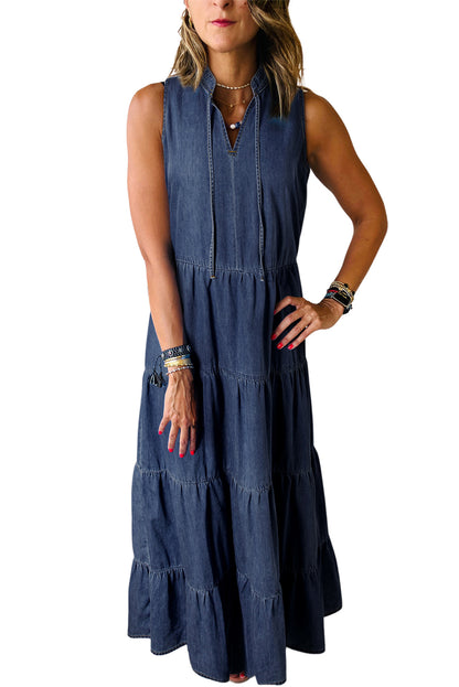 Sleeveless Tiered Chambray Maxi Dress | Real Teal