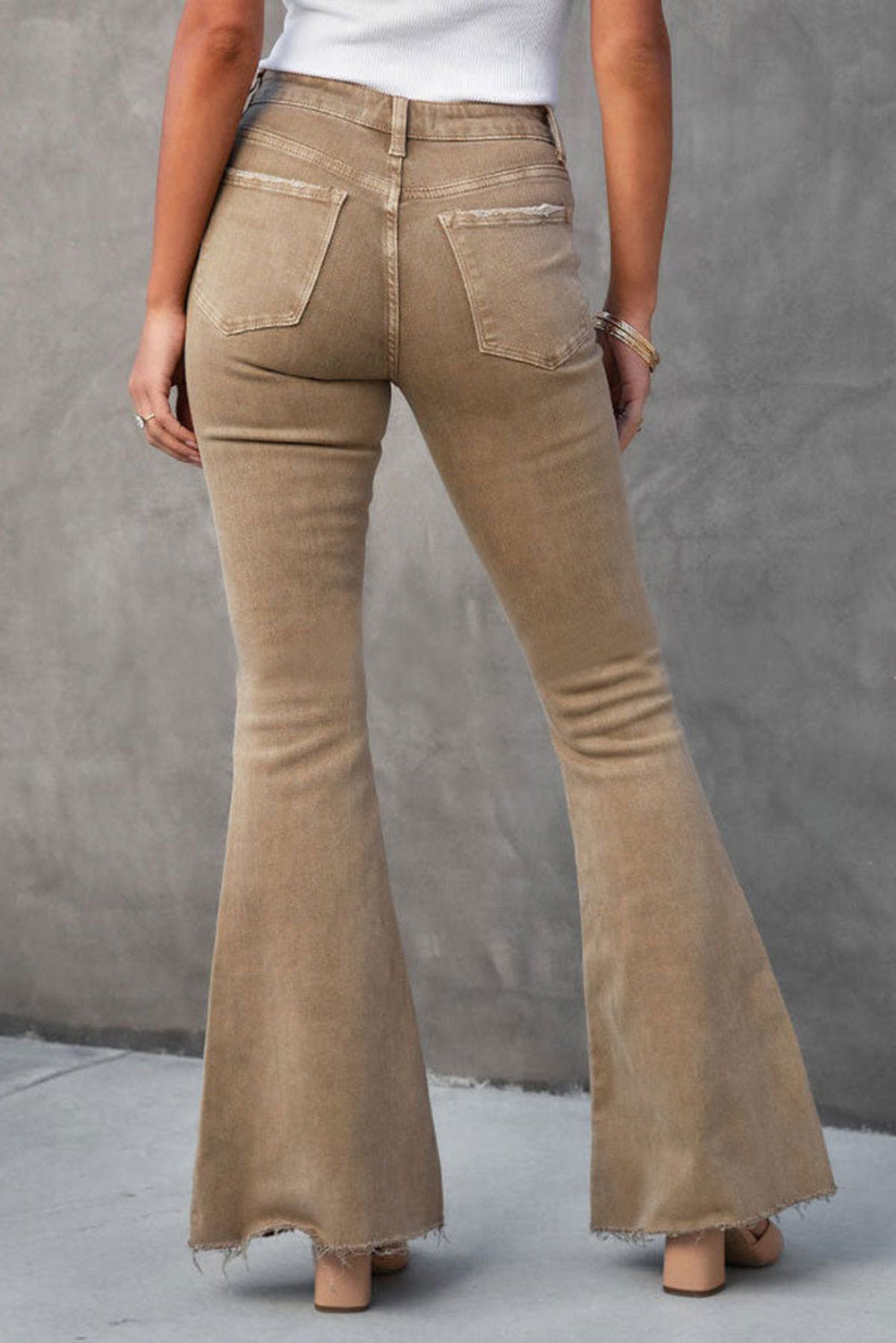 Raw Hem High Waist Flare Jeans | Khaki