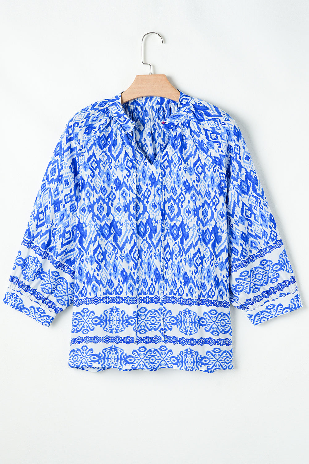 Boho Printed 3/4 Sleeve Tied Neck Blouse | Blue