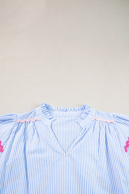 Ricrac Trim Split Neck Striped Ruffled Sleeve Blouse | Sky Blue Stripe