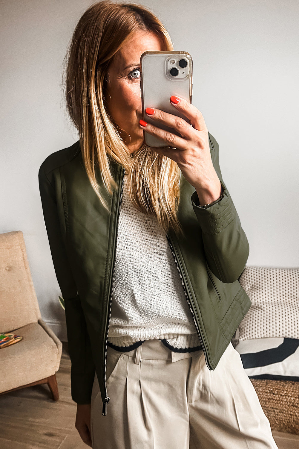 Solid Faux Leather Zipper Slim Fit Bomber Jacket | Sage Green