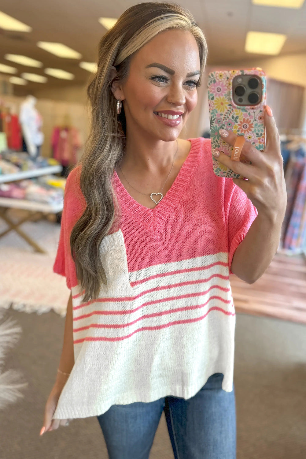 Contrast Stripes V Neck Knitted Short Sleeve Top | Strawberry Pink