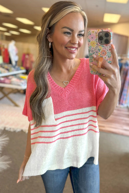 Contrast Stripes V Neck Knitted Short Sleeve Top | Strawberry Pink